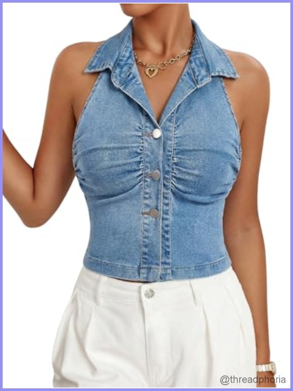 Women's Sleeveless Denim Corset Crop Top Button Front Ruched
